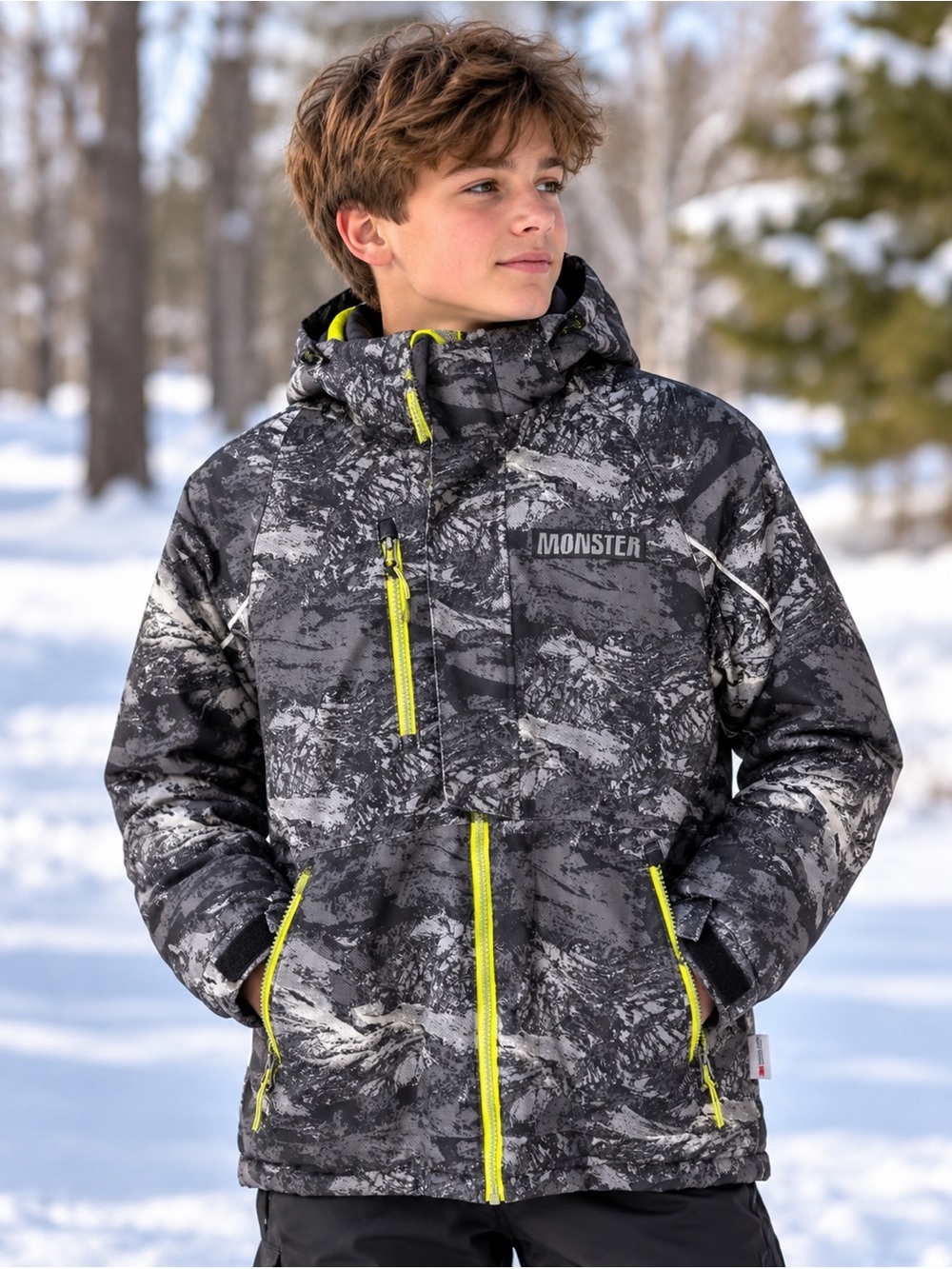 Boys' Black Camo Puffer Jacket with Yellow Trim